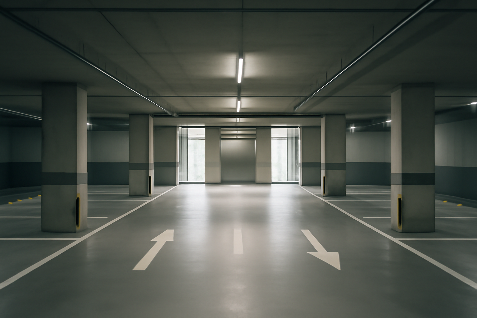 Underground parking garage connecting directly to an apartment building elevator lobby