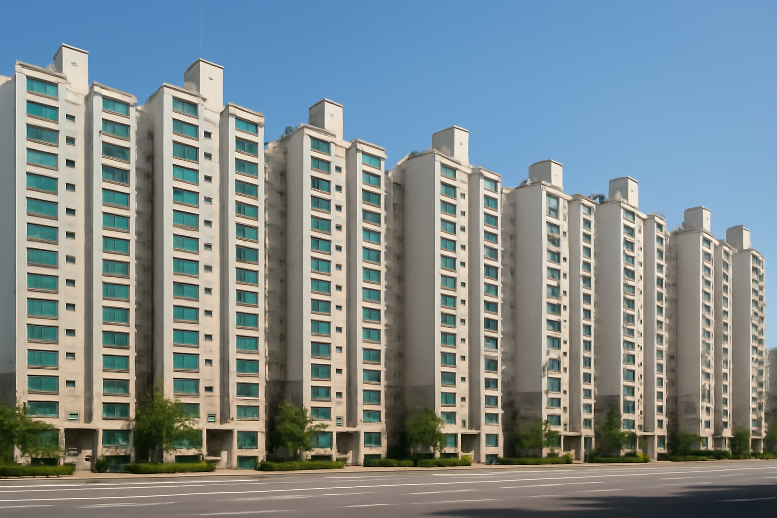 A row of identical numbered high-rise apartment towers in a Korean apart-danji