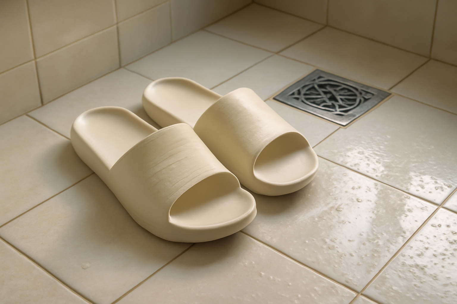 Bathroom slippers on a wet tiled Korean bathroom floor