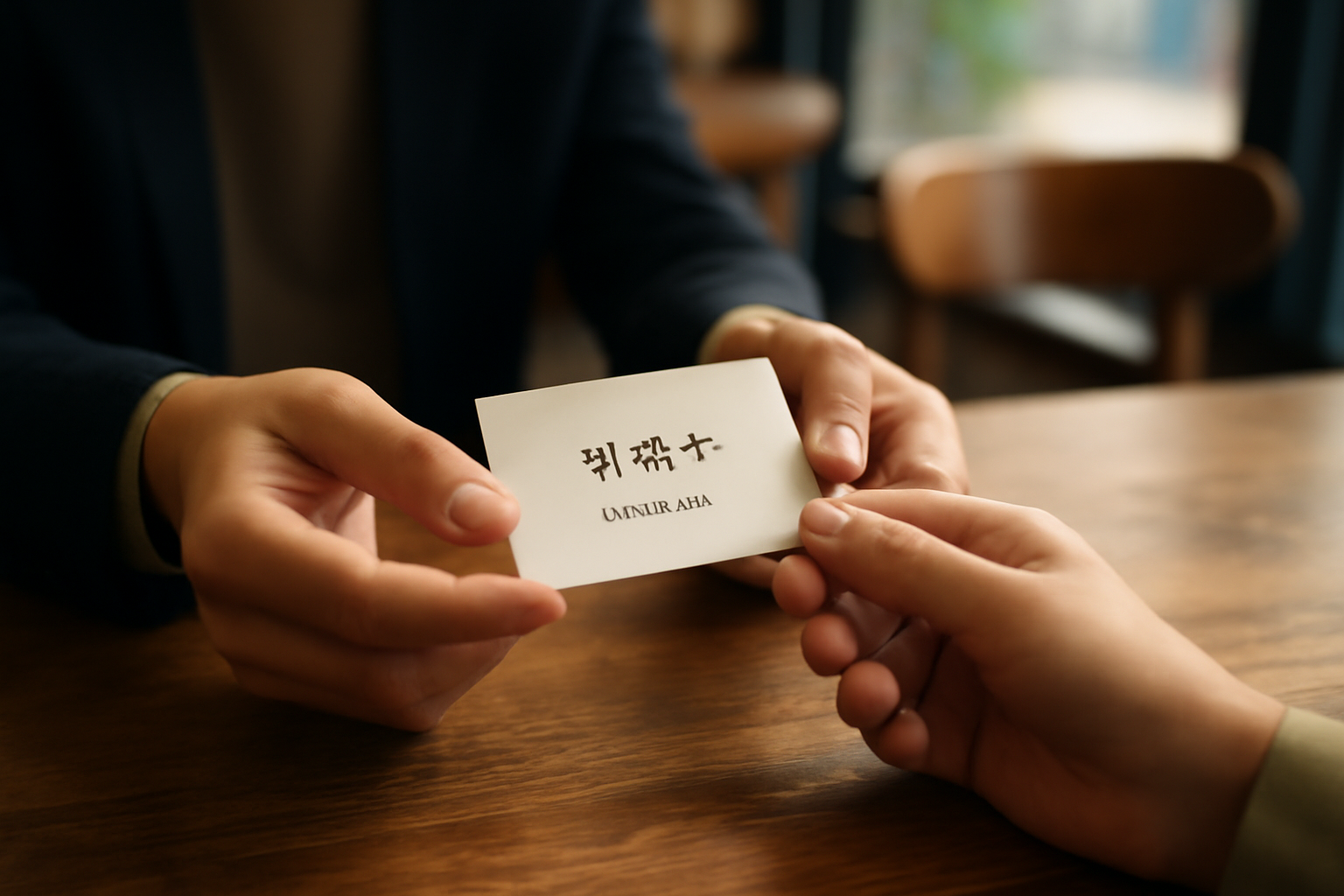 Two people exchanging a business card across a wooden table in Korea