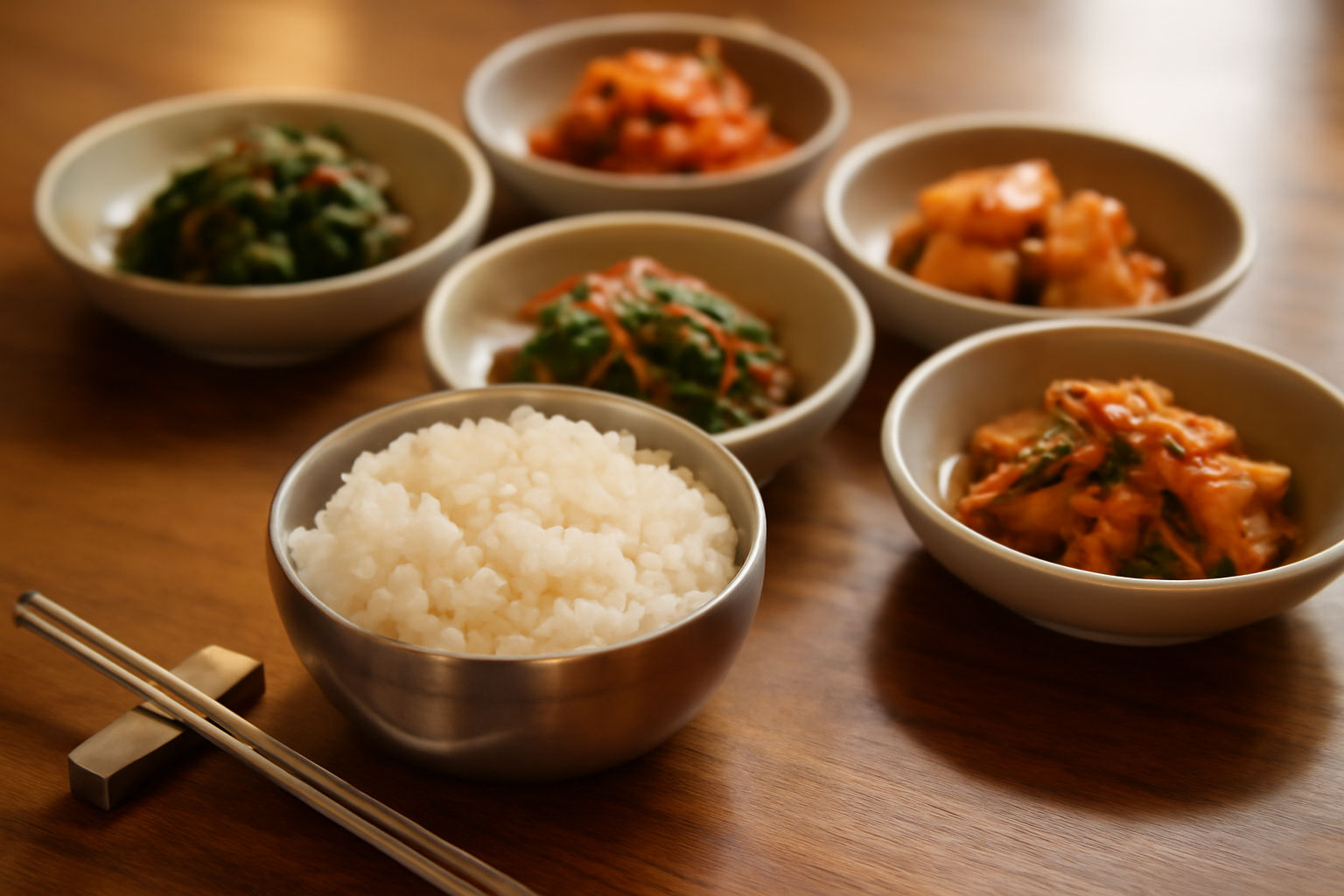 Chopsticks resting on a rest beside a bowl of rice at a Korean table