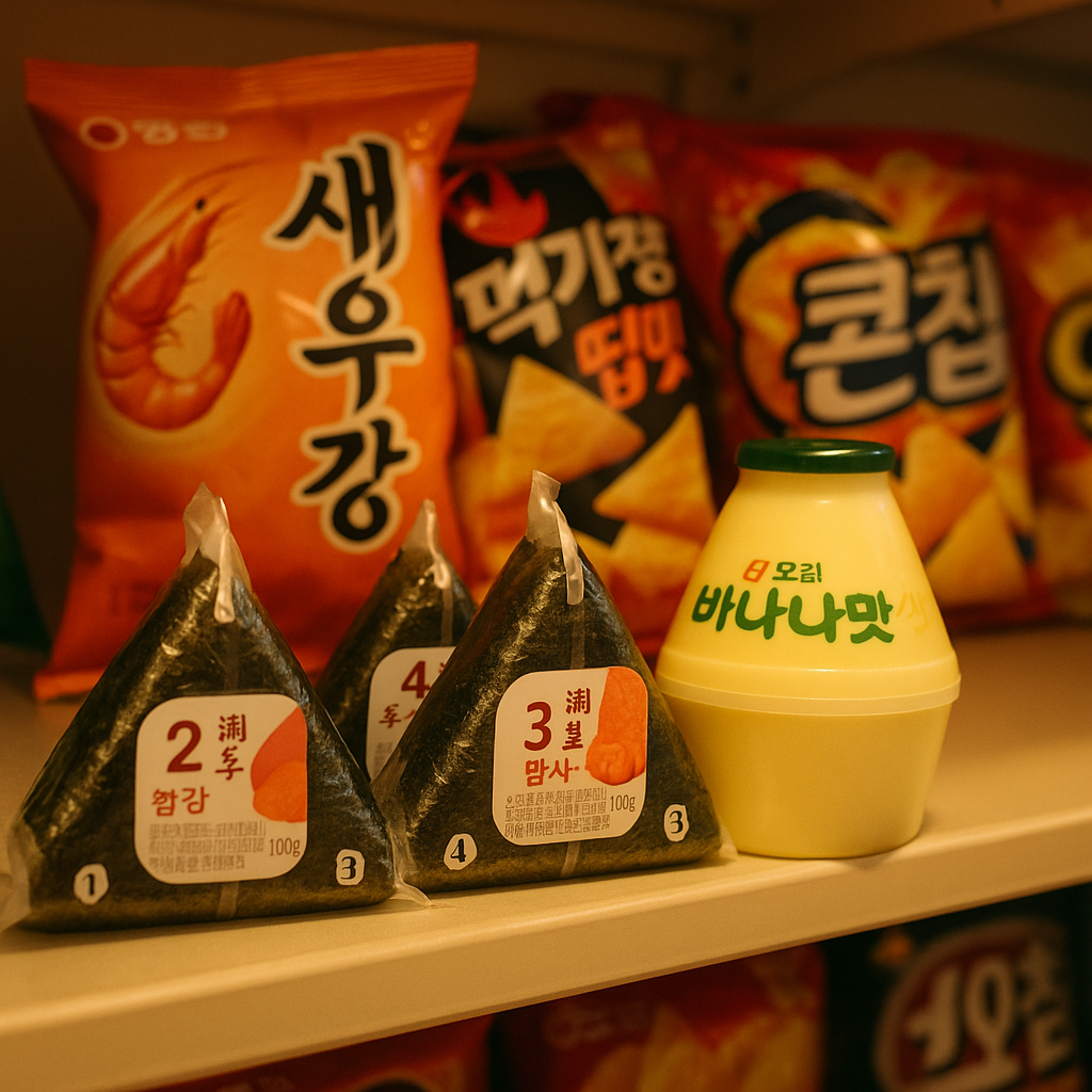 A convenience store shelf with triangle kimbap, chips, and a banana milk bottle
