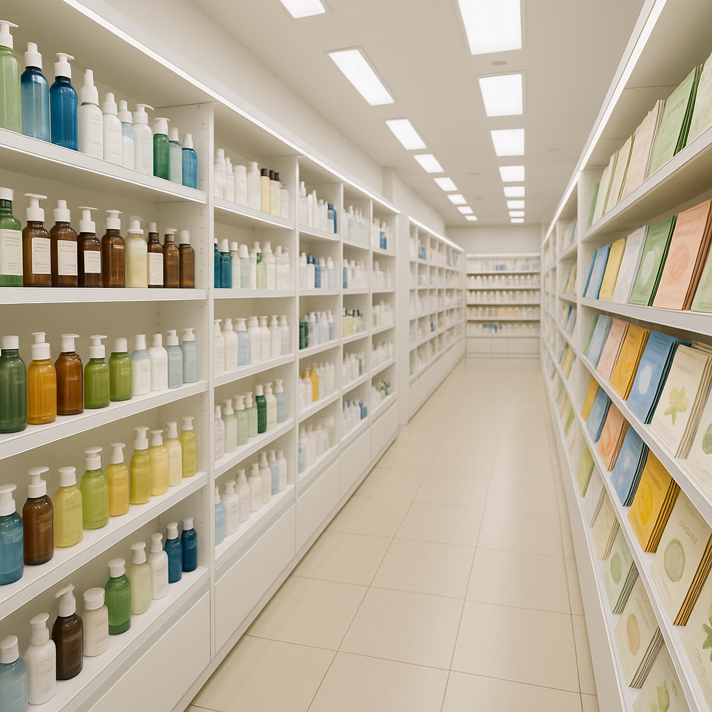 Bright Korean cosmetics store aisle with skincare products on display