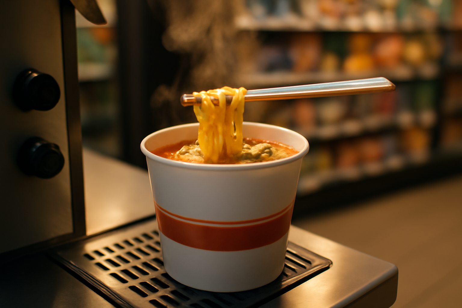 A steaming cup of spicy instant noodles being lifted with chopsticks