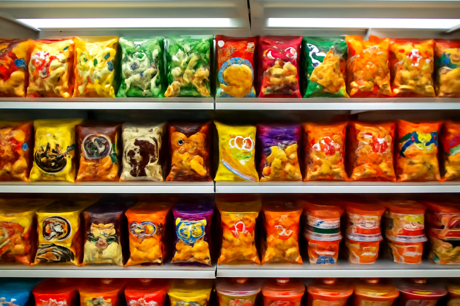 Shelves of colorful snack bags at a Korean convenience store