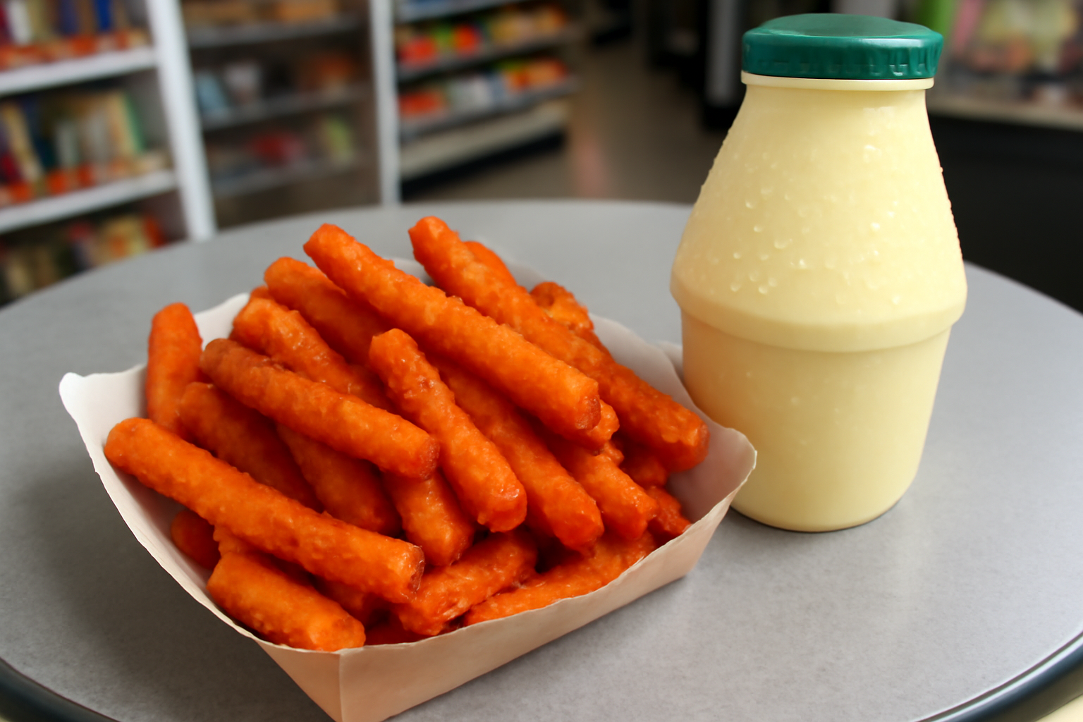 A tray of spicy red seasoned fried snack sticks next to a bottle of banana milk