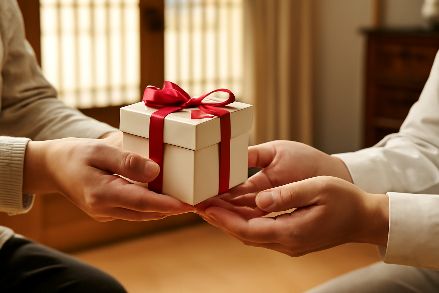 Two hands offering a wrapped gift with both hands, a polite Korean gesture