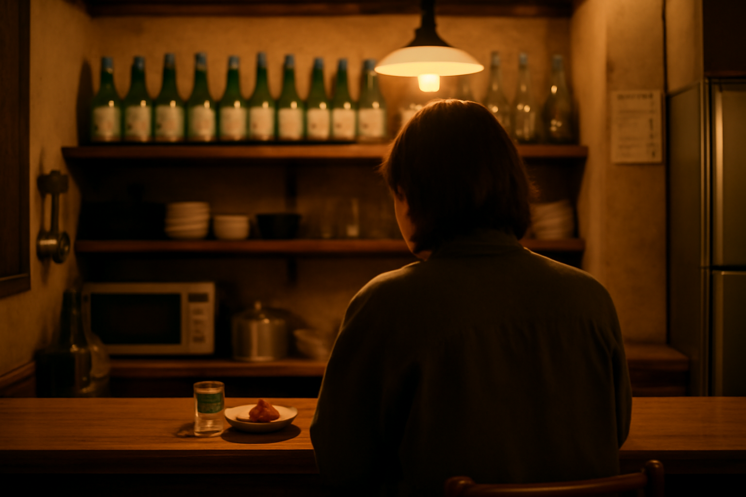 A person sitting alone at a Korean bar counter with a soju glass, representing the honsul solo-drinking trend