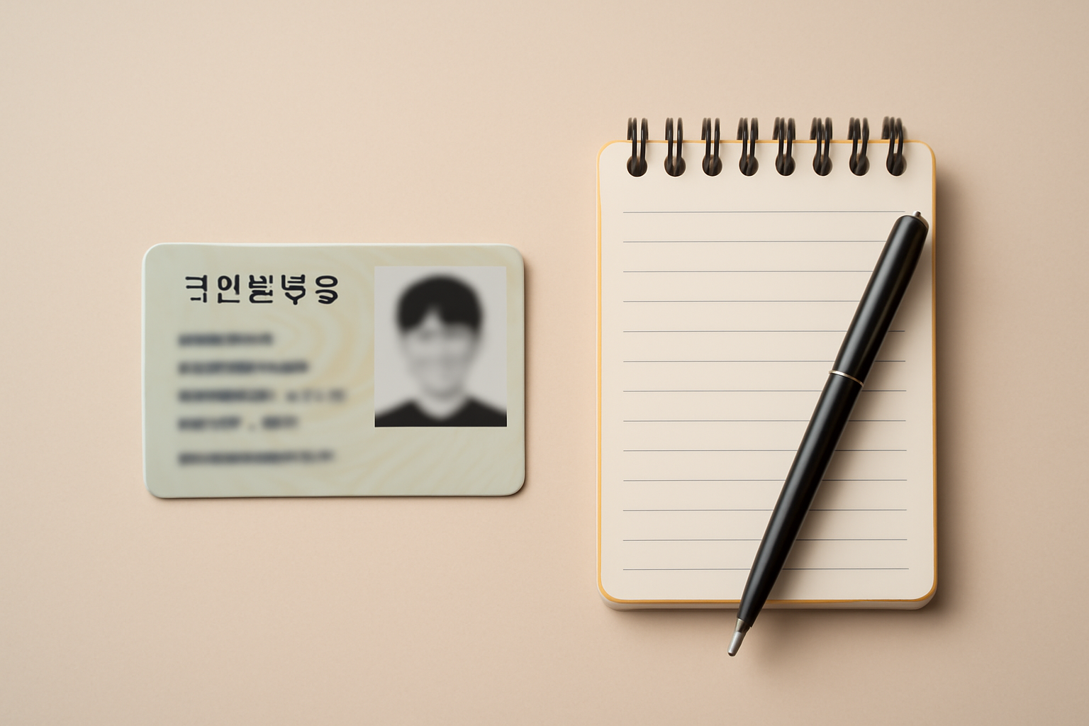 A Korean ID-style card next to a notebook and pen on a desk