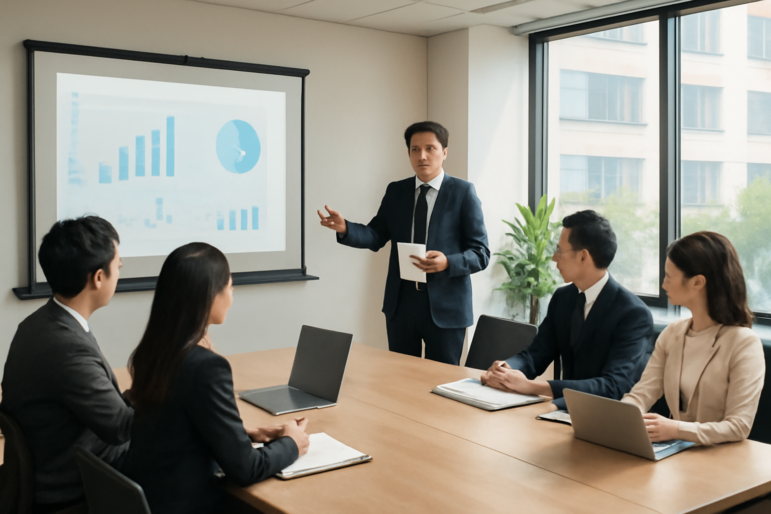 Colleagues in a Korean office meeting room, one presenting to seated coworkers