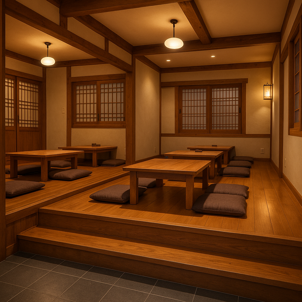Raised floor seating area in a traditional Korean restaurant with low tables