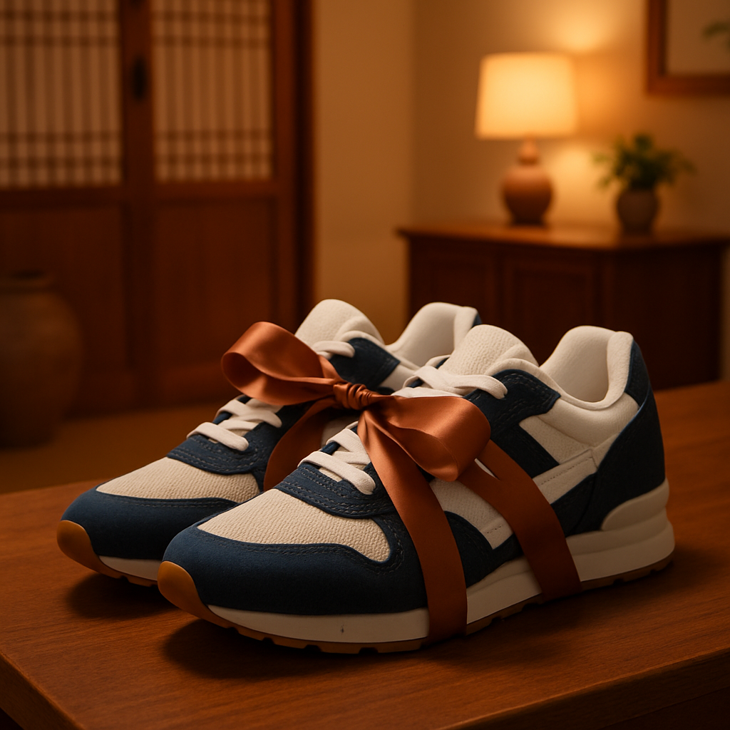 A pair of shoes given as a gift, wrapped for a birthday in a Korean home