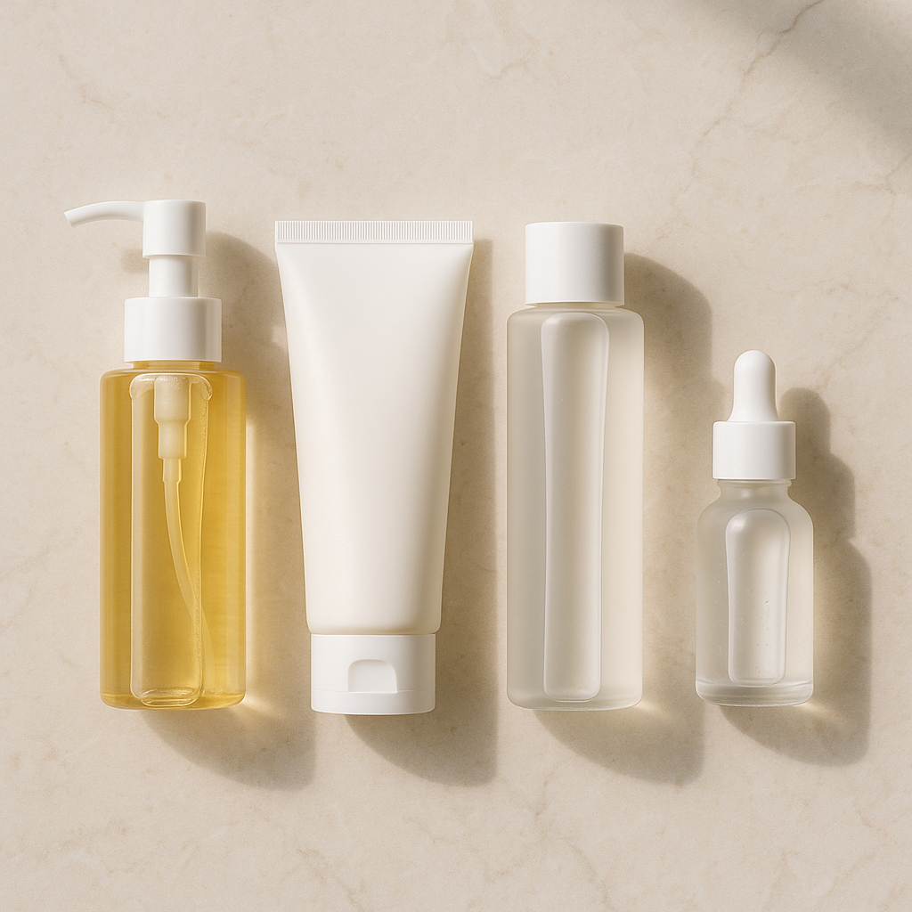 Skincare products lined up on a bathroom shelf, oil cleanser and foam cleanser bottles