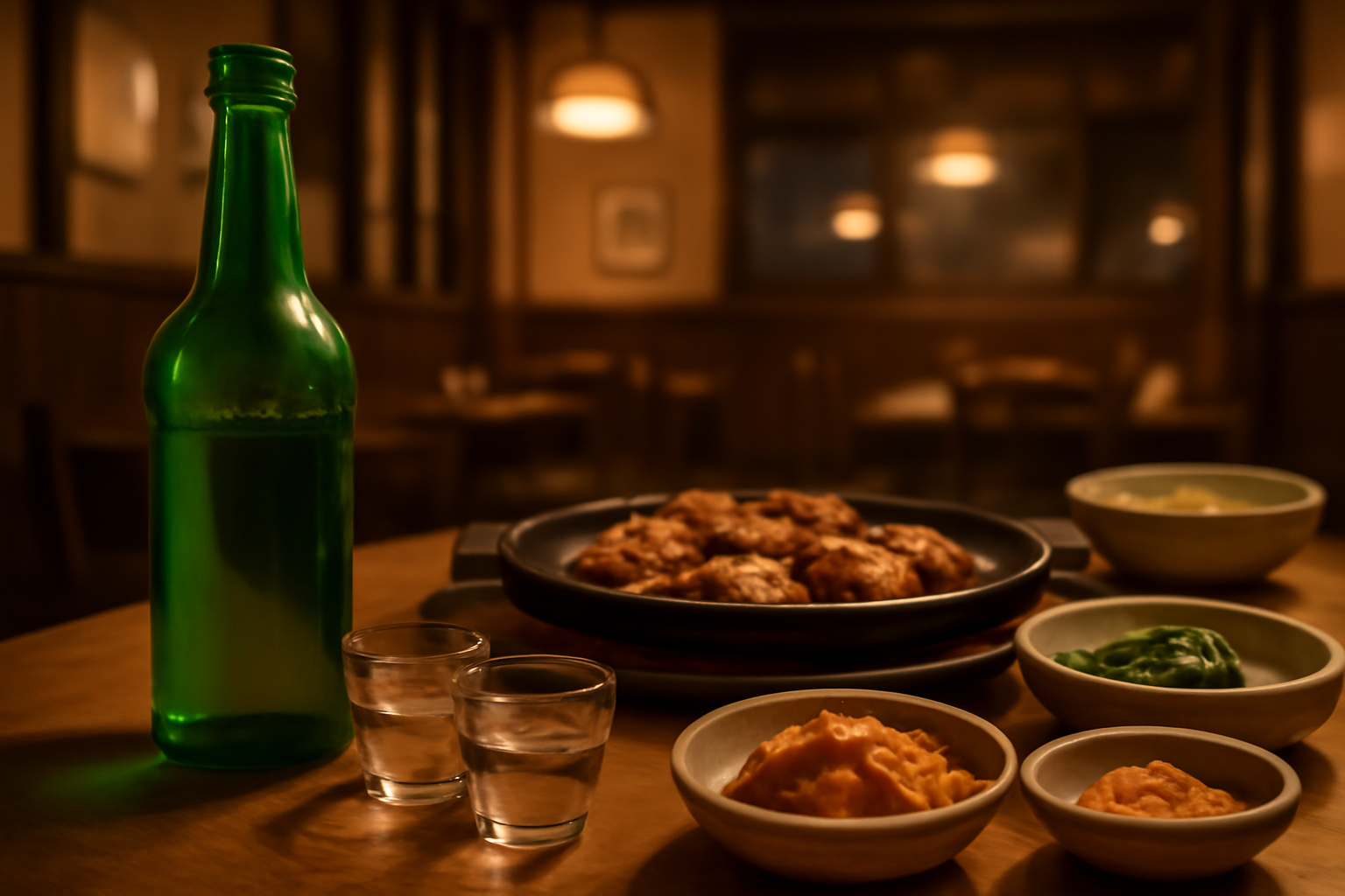 A soju bottle and small glasses on a Korean restaurant table with side dishes