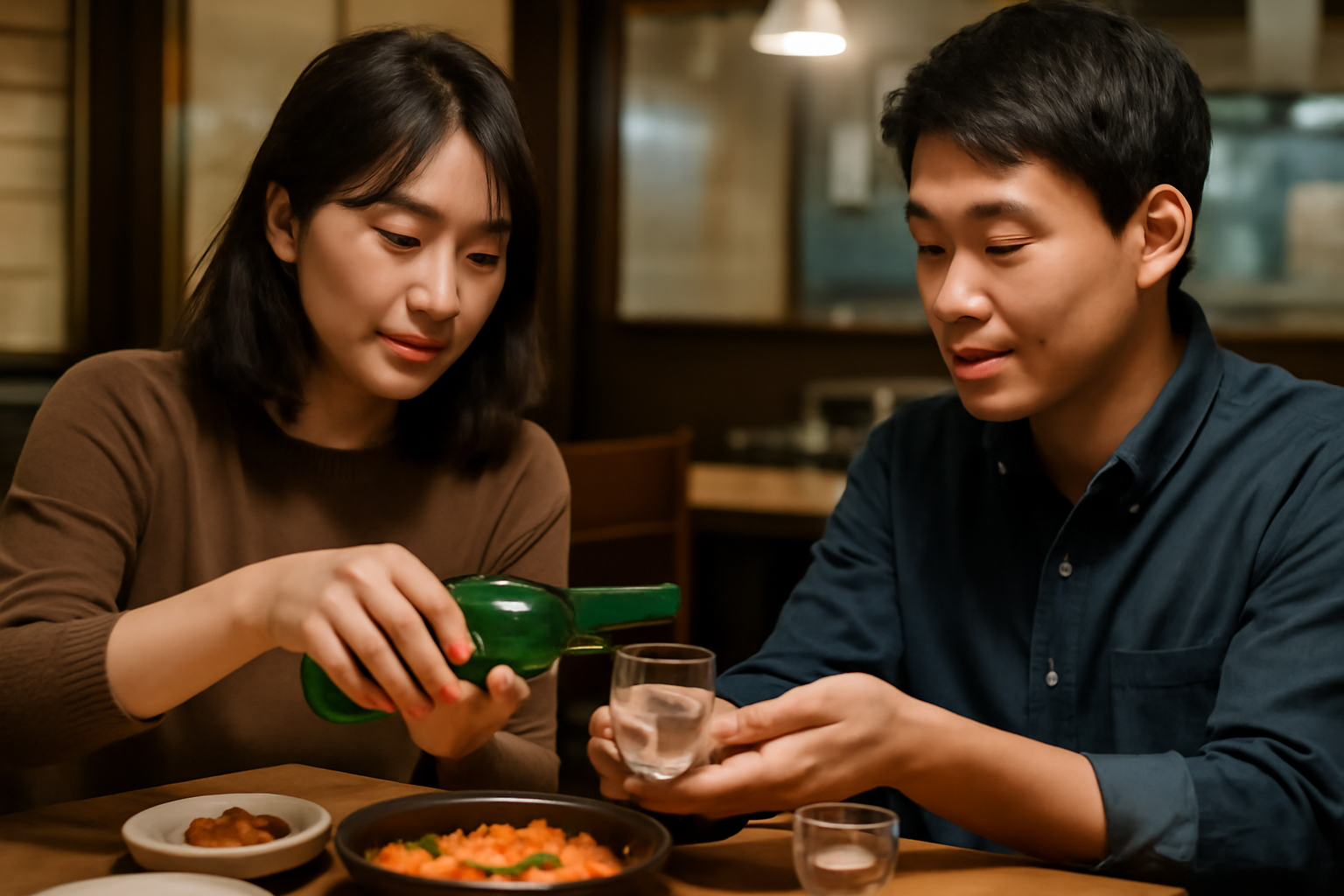 One person pouring soju for another with both hands on the bottle, a gesture of respect in Korean drinking culture