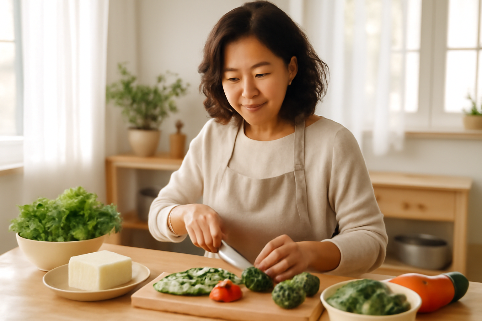건강한 갱년기 식단을 준비하는 40대 여성