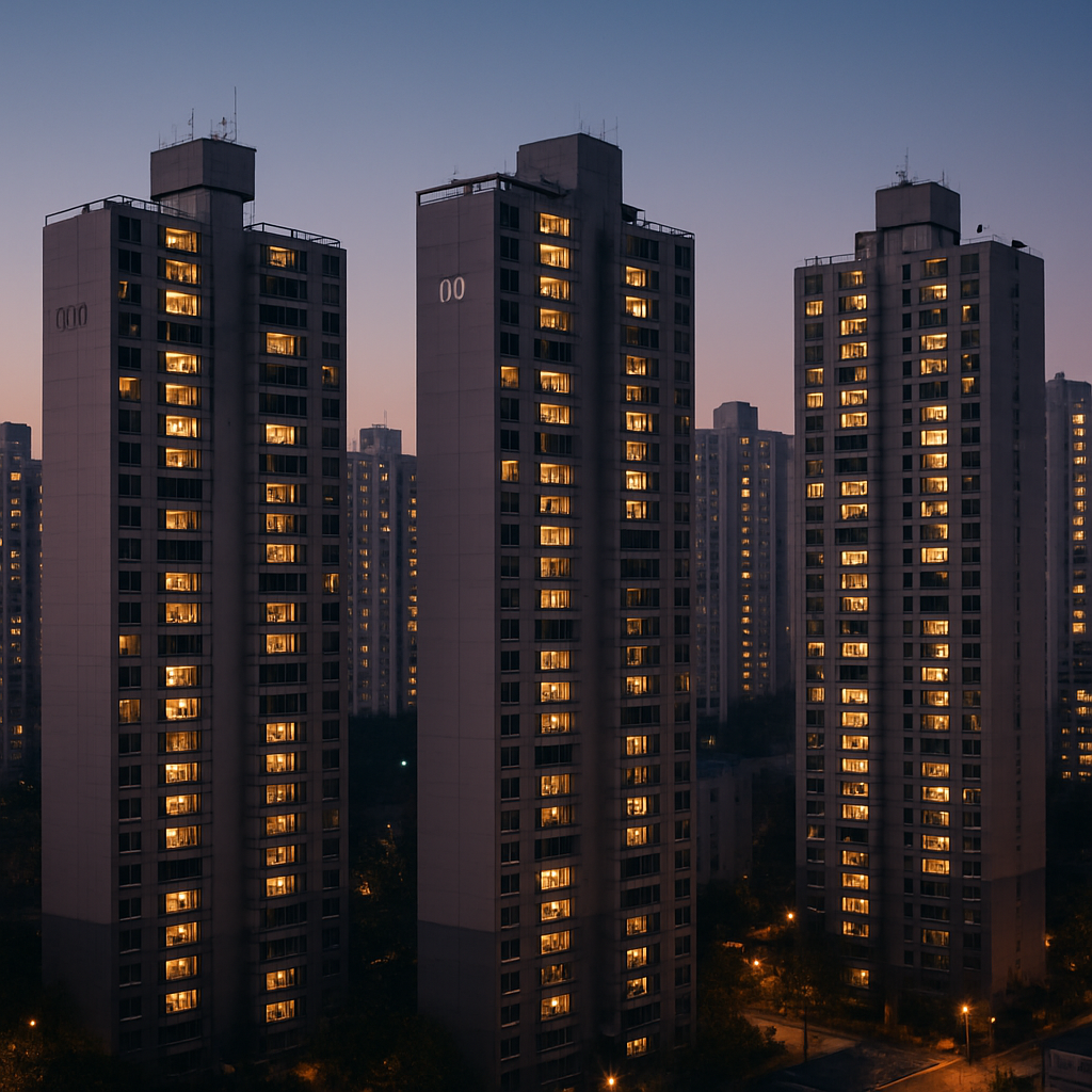 Korean high-rise apartment complex exterior at dusk with lit windows