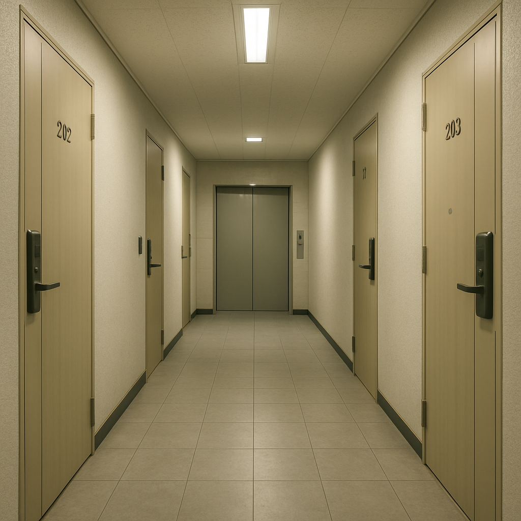 Quiet Korean apartment hallway with doors and elevator