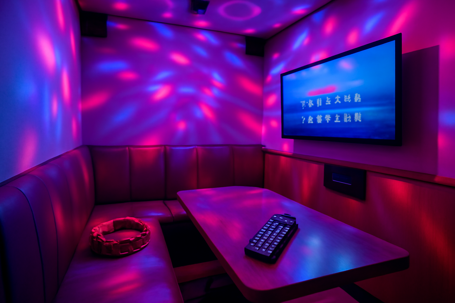 A private Korean noraebang karaoke room with neon disco lighting, a lyrics screen, and a tambourine on the couch