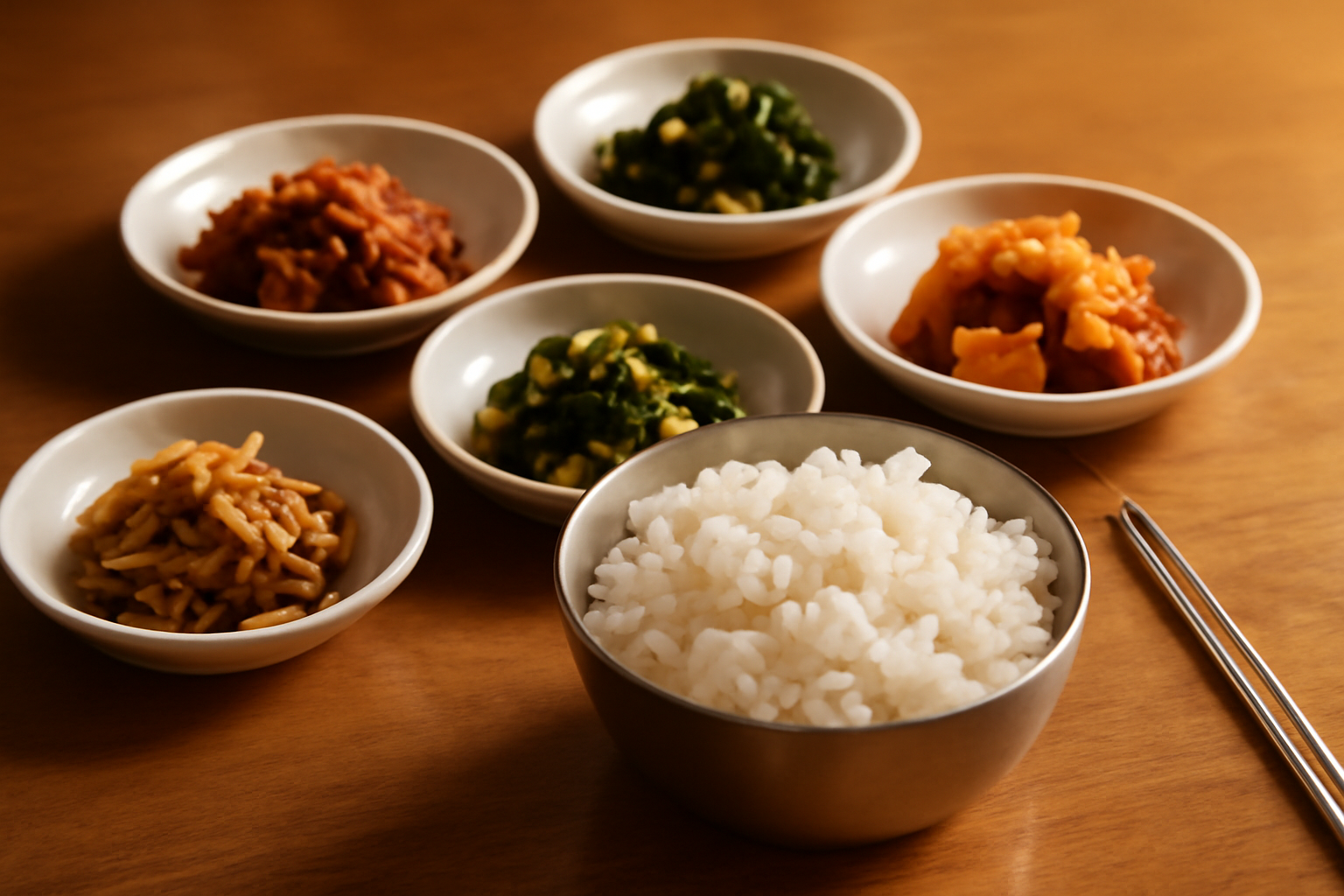 A Korean meal with rice, side dishes, and chopsticks resting flat on the table