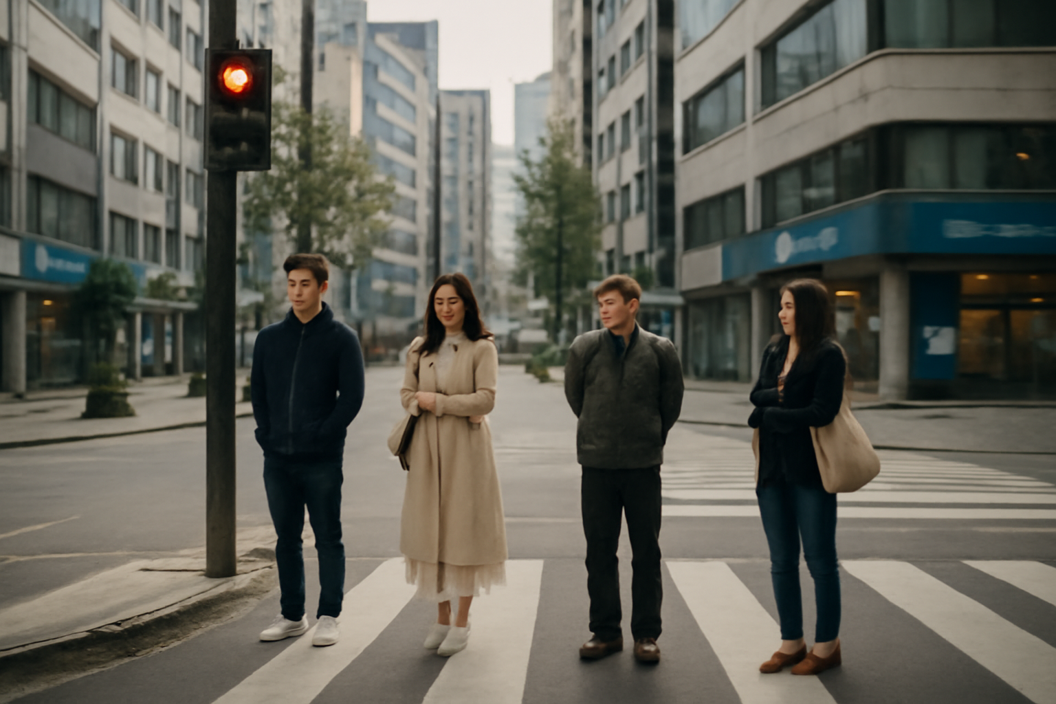 Pedestrians waiting patiently at a red crosswalk signal in Seoul
