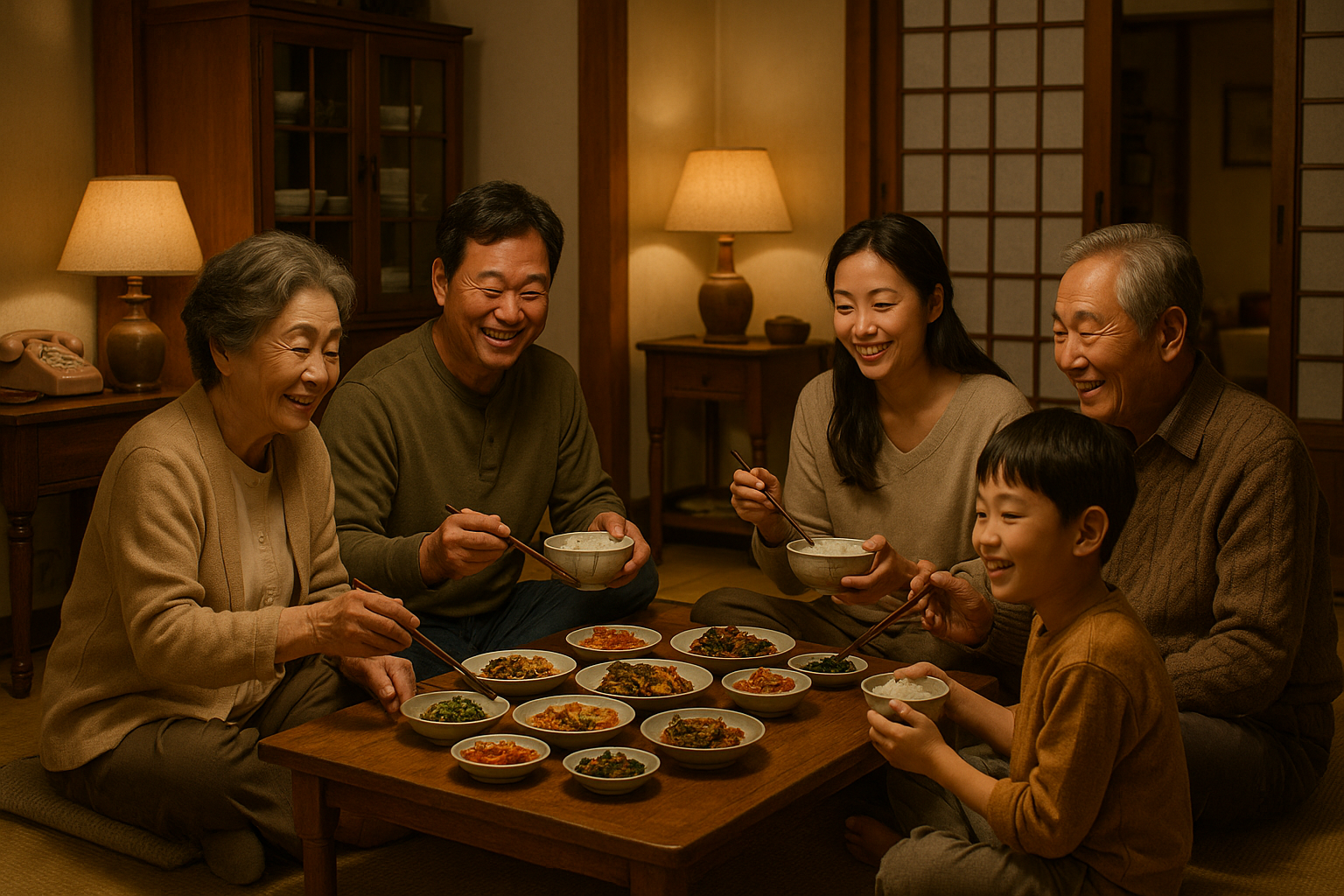 Extended Korean family sharing a meal together at a low table