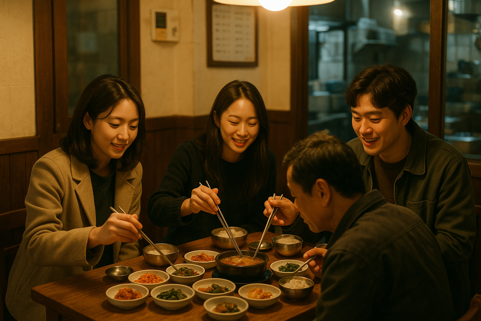 Friends sharing a meal at a small Korean restaurant table