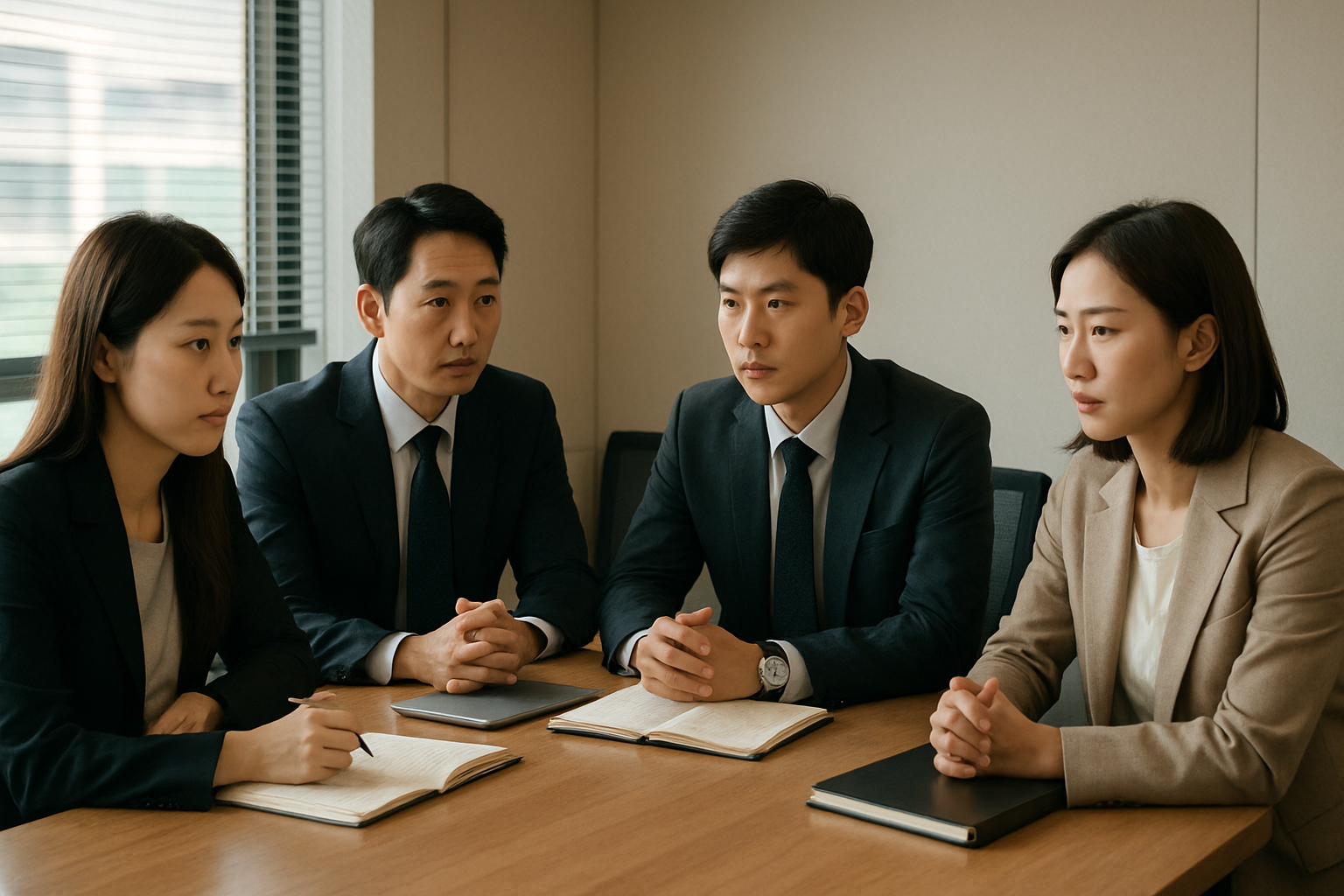 Colleagues in a quiet, attentive Korean office meeting