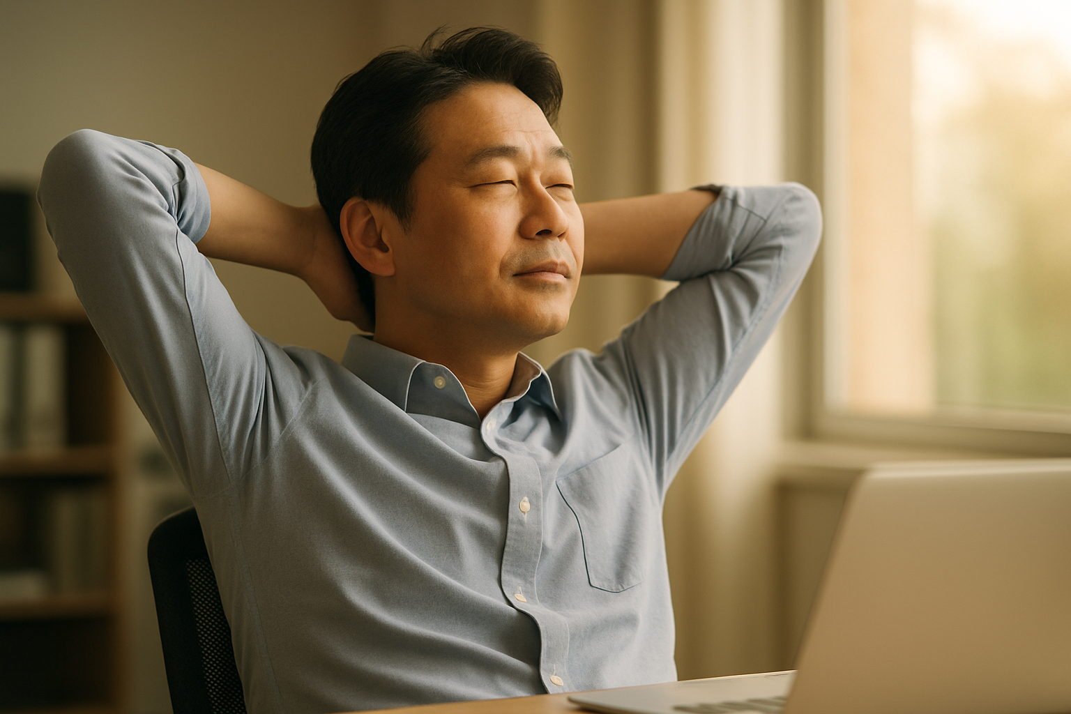 사무실에서 노트북 화면을 잠시 멀리하고 눈을 쉬게 하는 40대 직장인