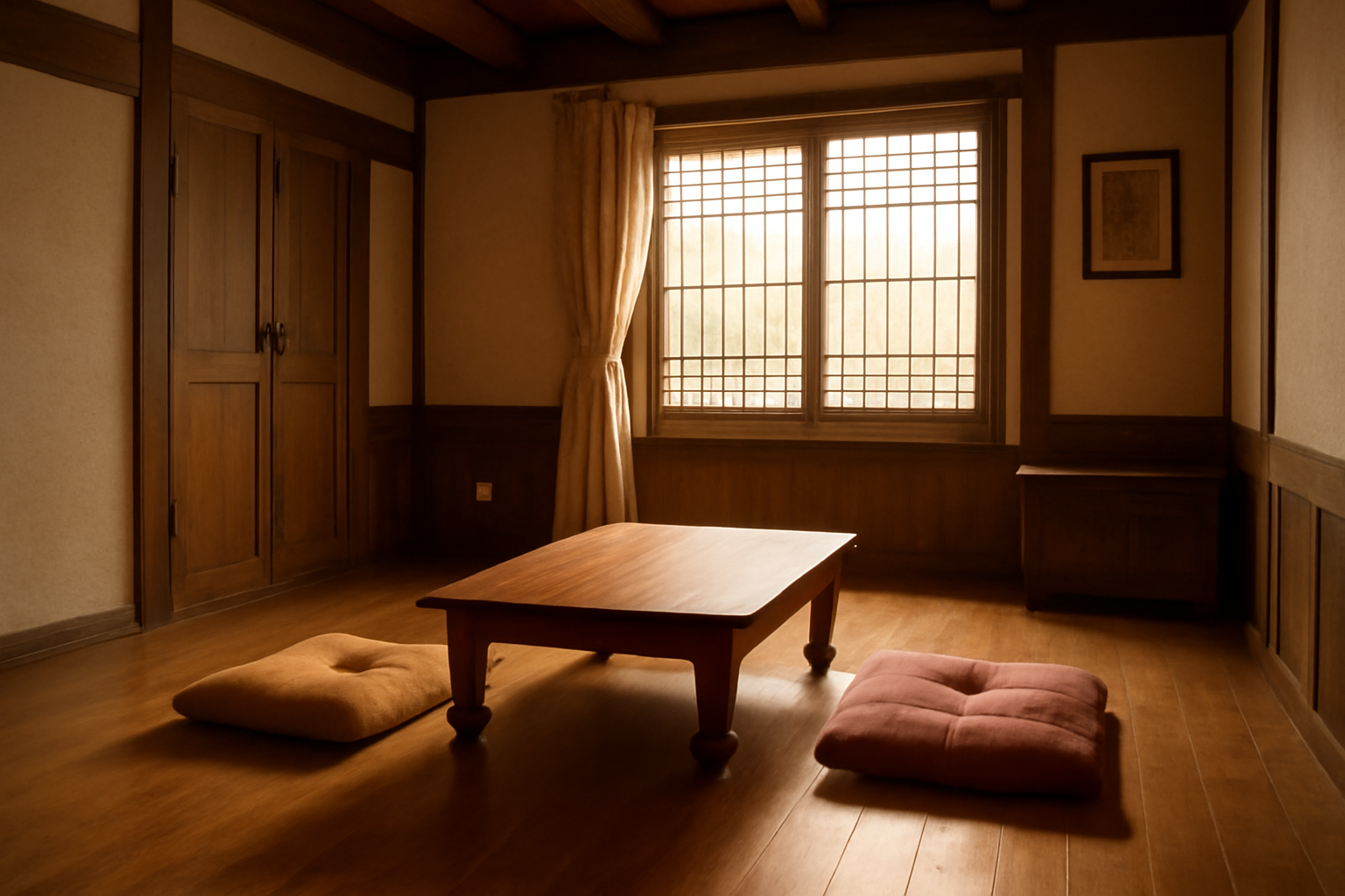 A traditional Korean room with warm wooden ondol flooring, a low table, and floor cushions