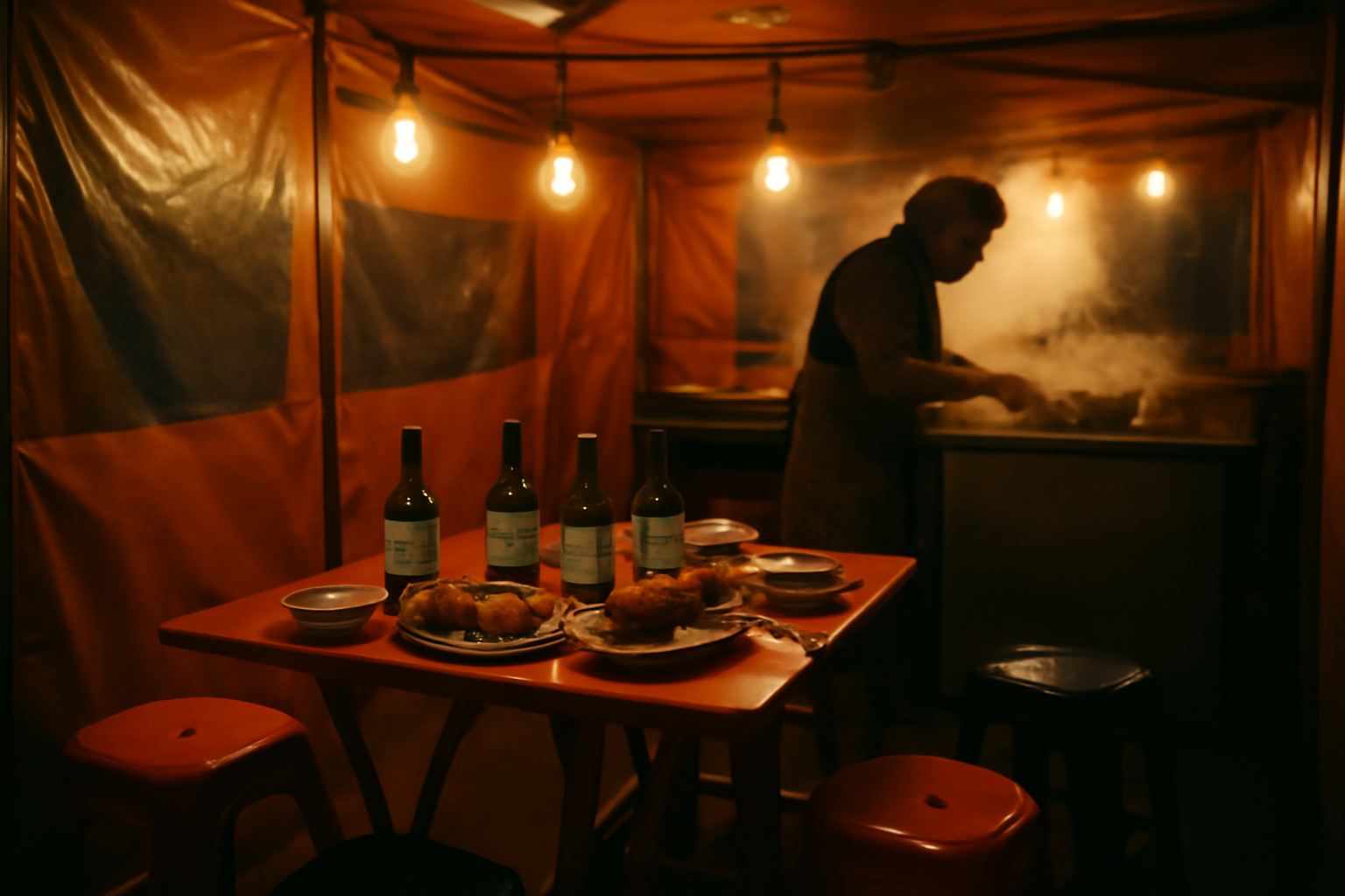 Inside a pojangmacha tent at night, soju bottles and plates of food on a small table with a vendor cooking in the background