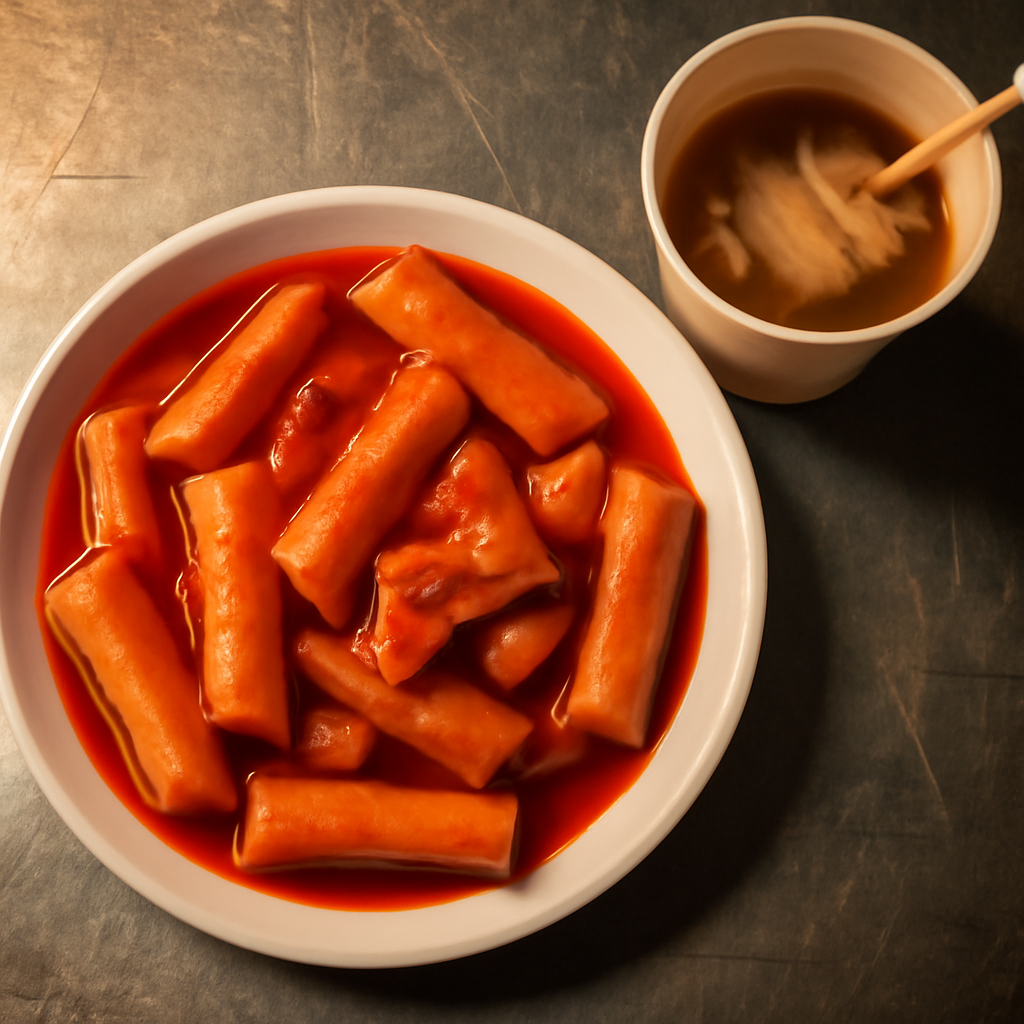 A plate of tteokbokki rice cakes in red sauce next to a cup of odeng broth on a pojangmacha table