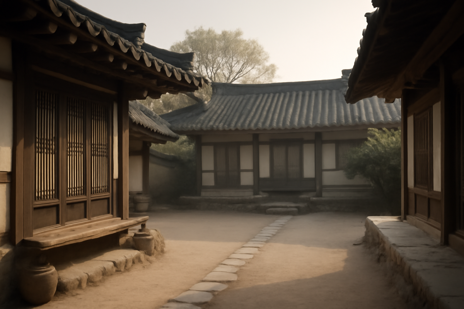 A quiet traditional Korean hanok courtyard in soft morning light