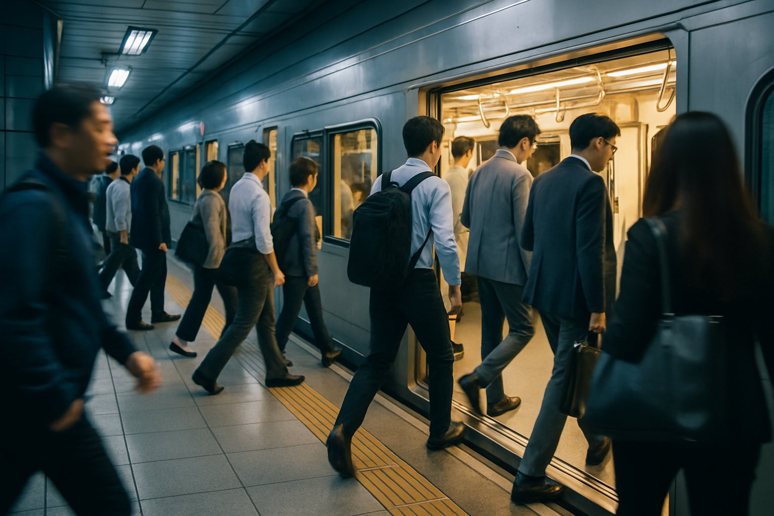 Commuters boarding a crowded Seoul subway train through open doors during morning rush hour
