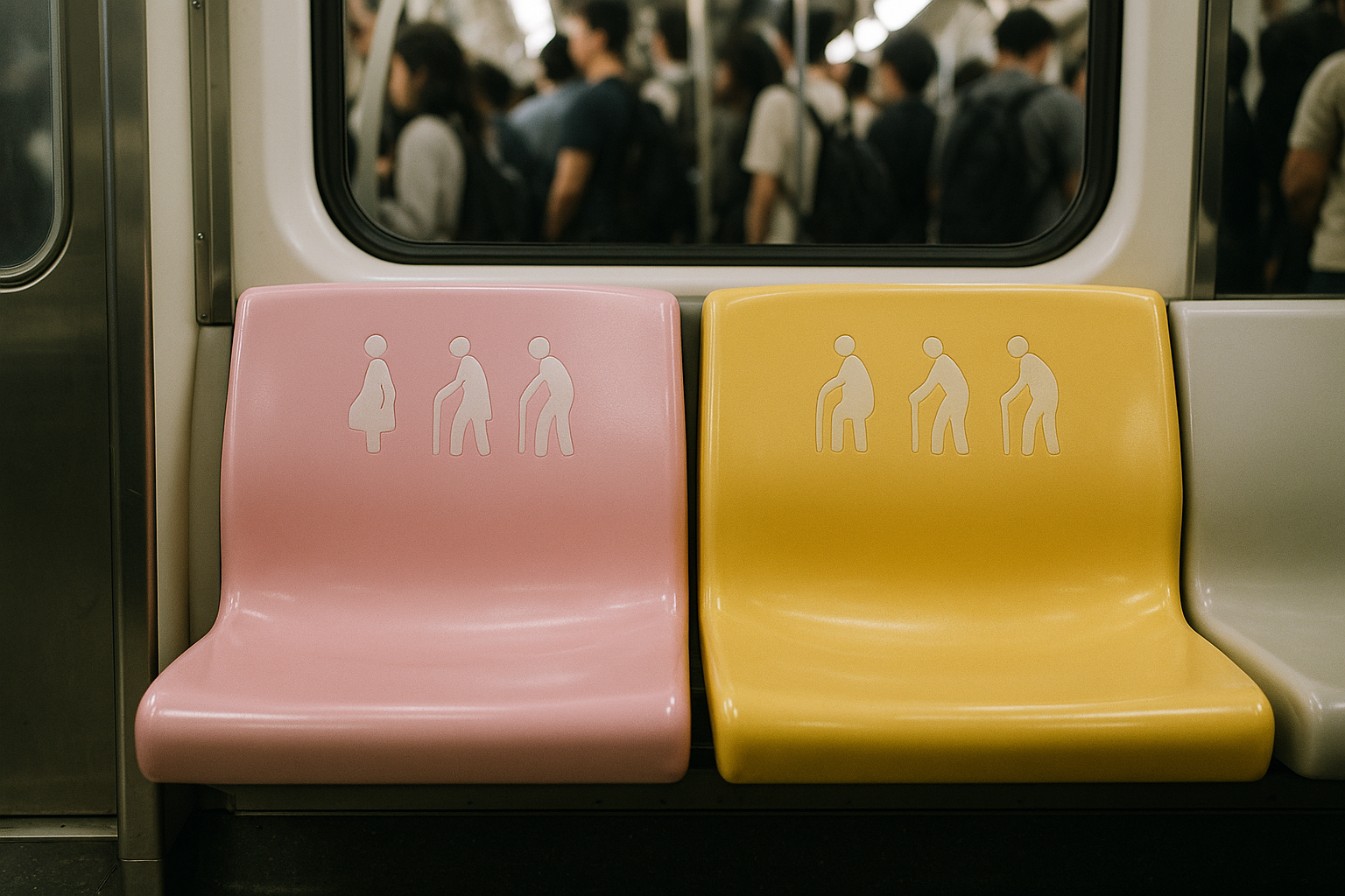 Empty pink and yellow priority seats on a Korean subway train with a crowded car visible through the window behind them
