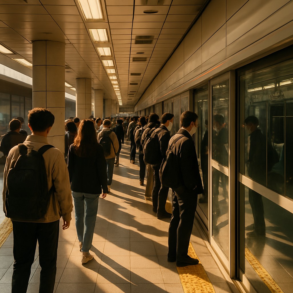 Commuters waiting on a Seoul subway platform during rush hour