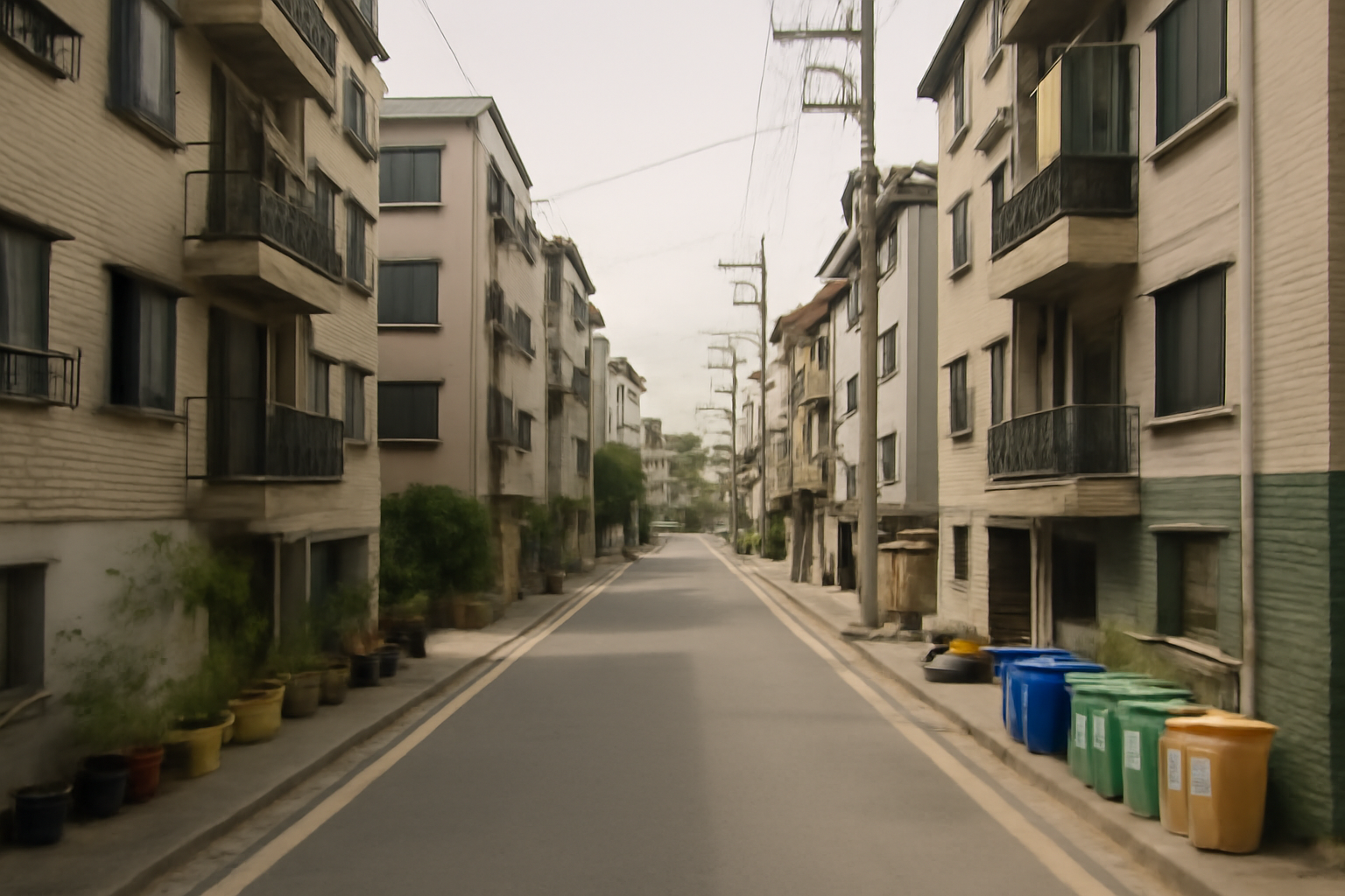 A quiet residential street in Korea lined with apartment buildings