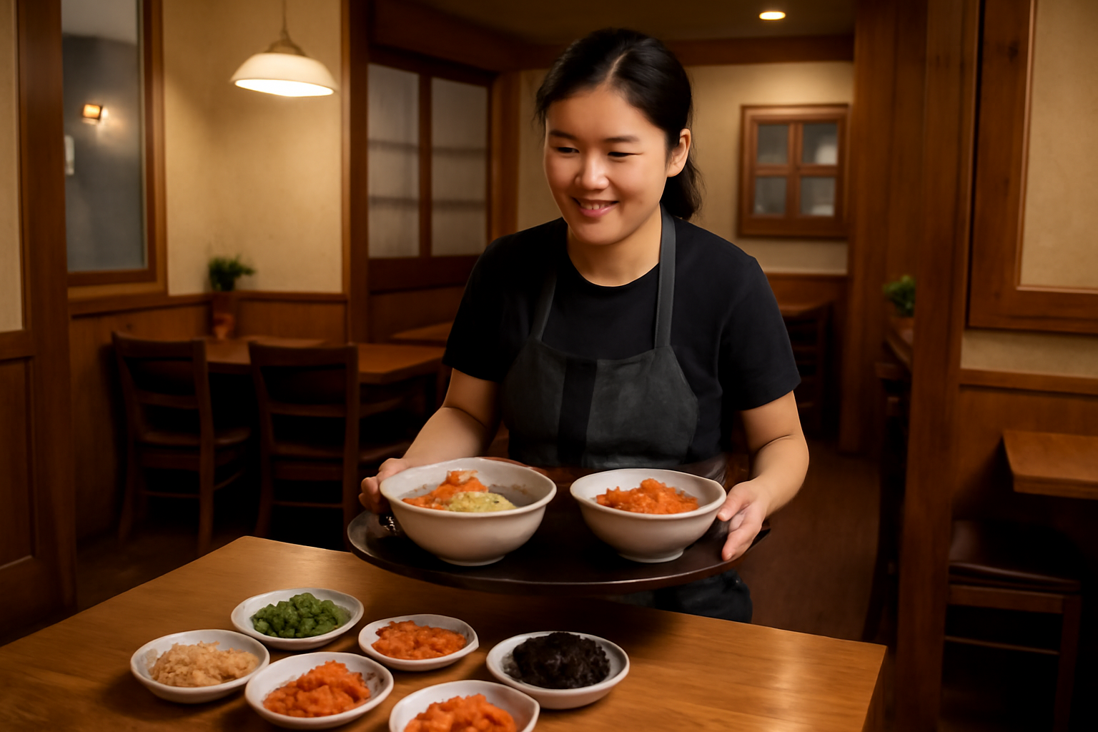 A restaurant server smiling while bringing a tray of banchan side dishes to a table
