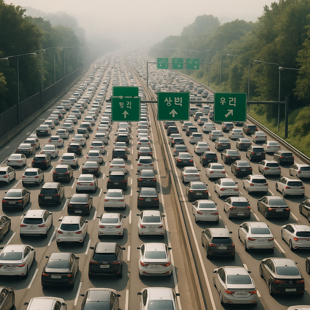 Bumper-to-bumper traffic on a Korean expressway during the summer vacation rush