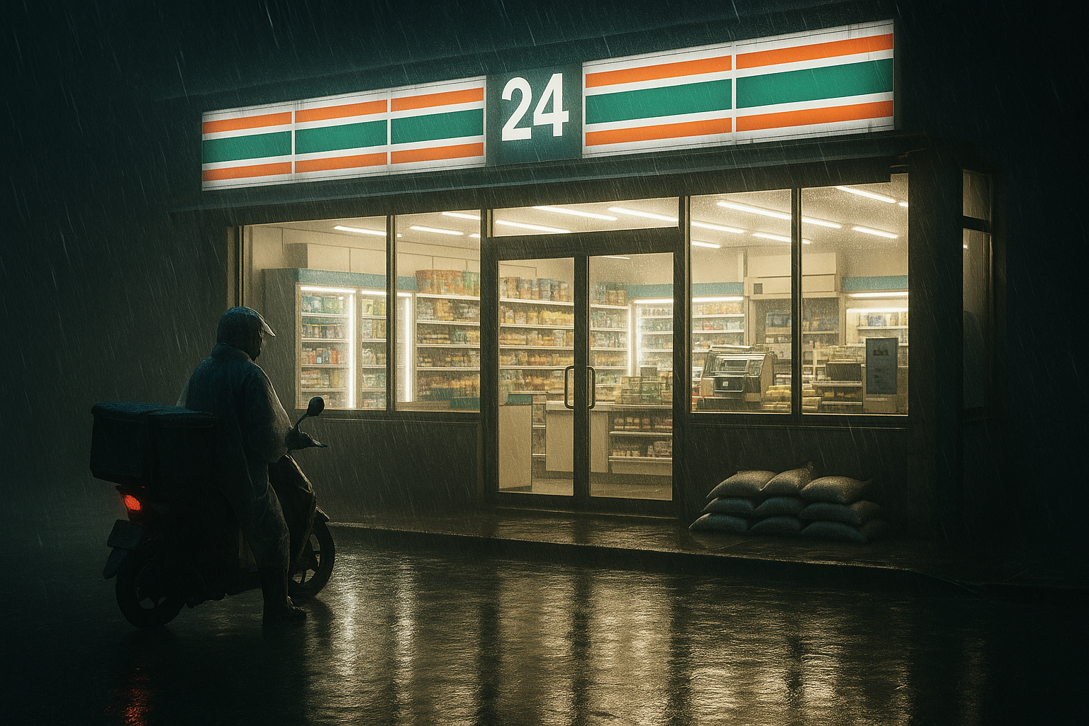 A convenience store glowing at night in the rain during typhoon season in Korea, with sandbags stacked outside