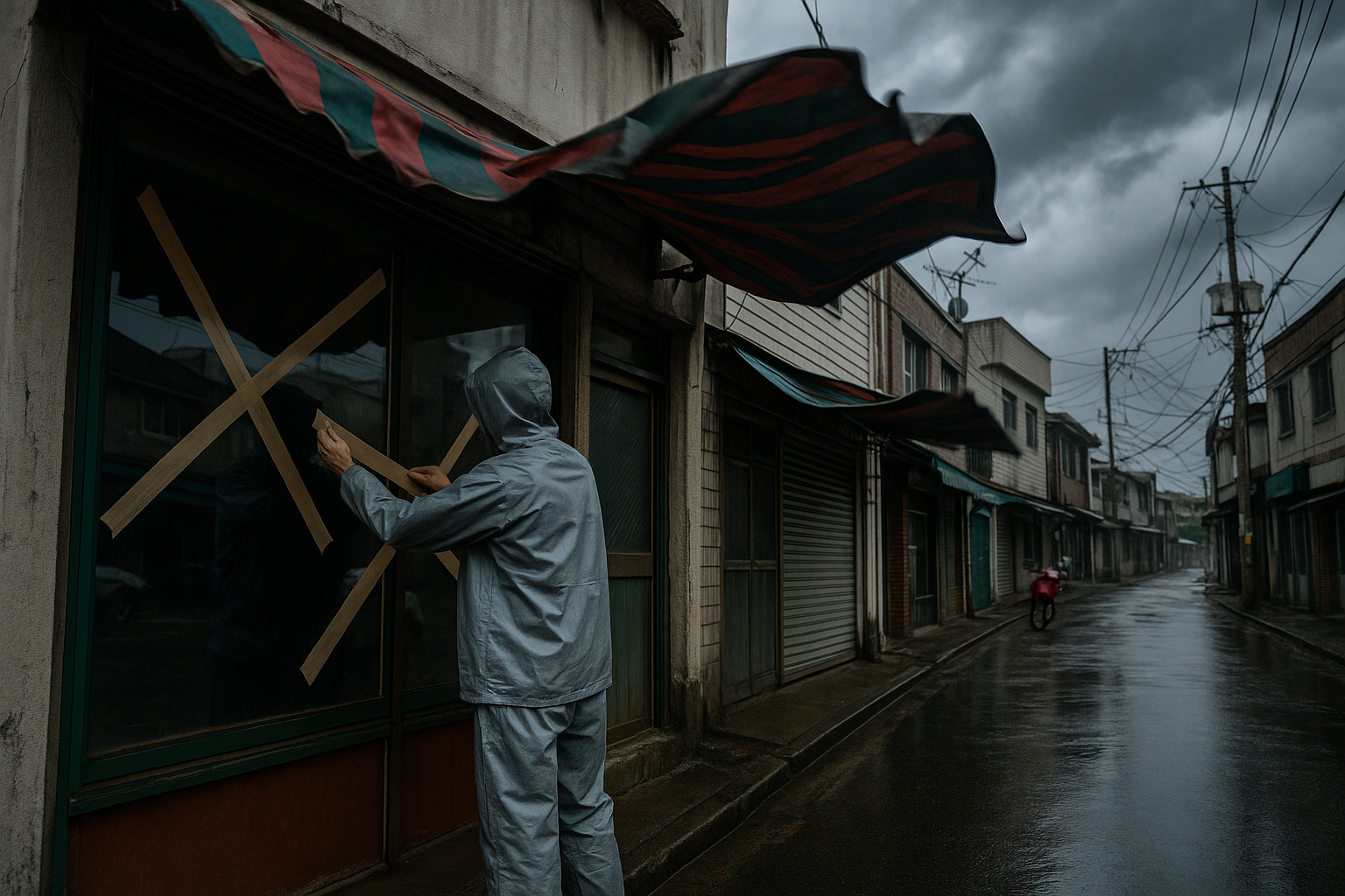 A shop owner in Korea taping an X across a storefront window ahead of a typhoon