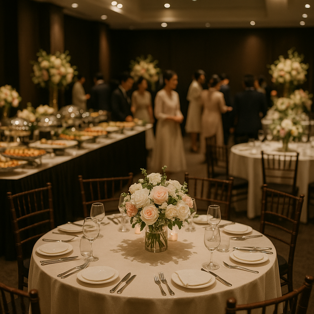 An elegant Korean wedding hall buffet reception with round tables and floral centerpieces