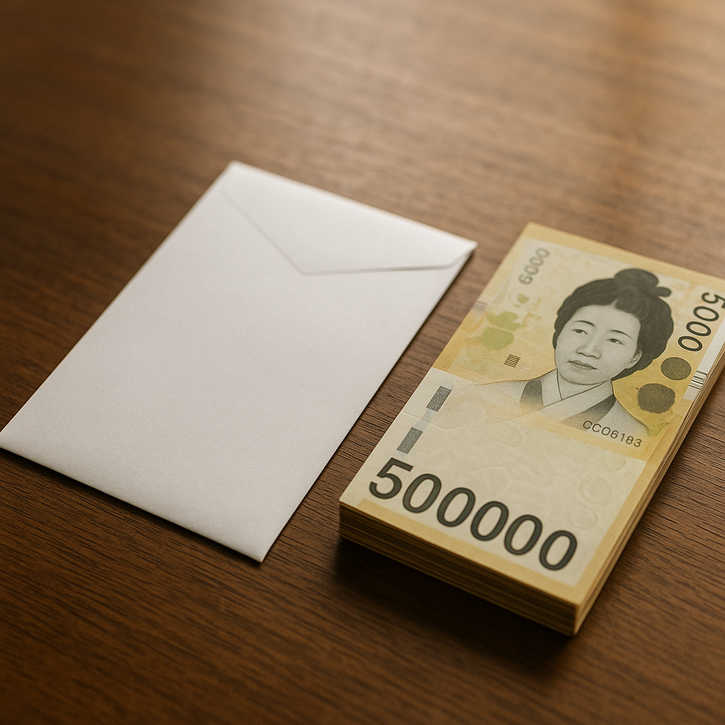 A white congratulatory money envelope with folded Korean won cash on a table