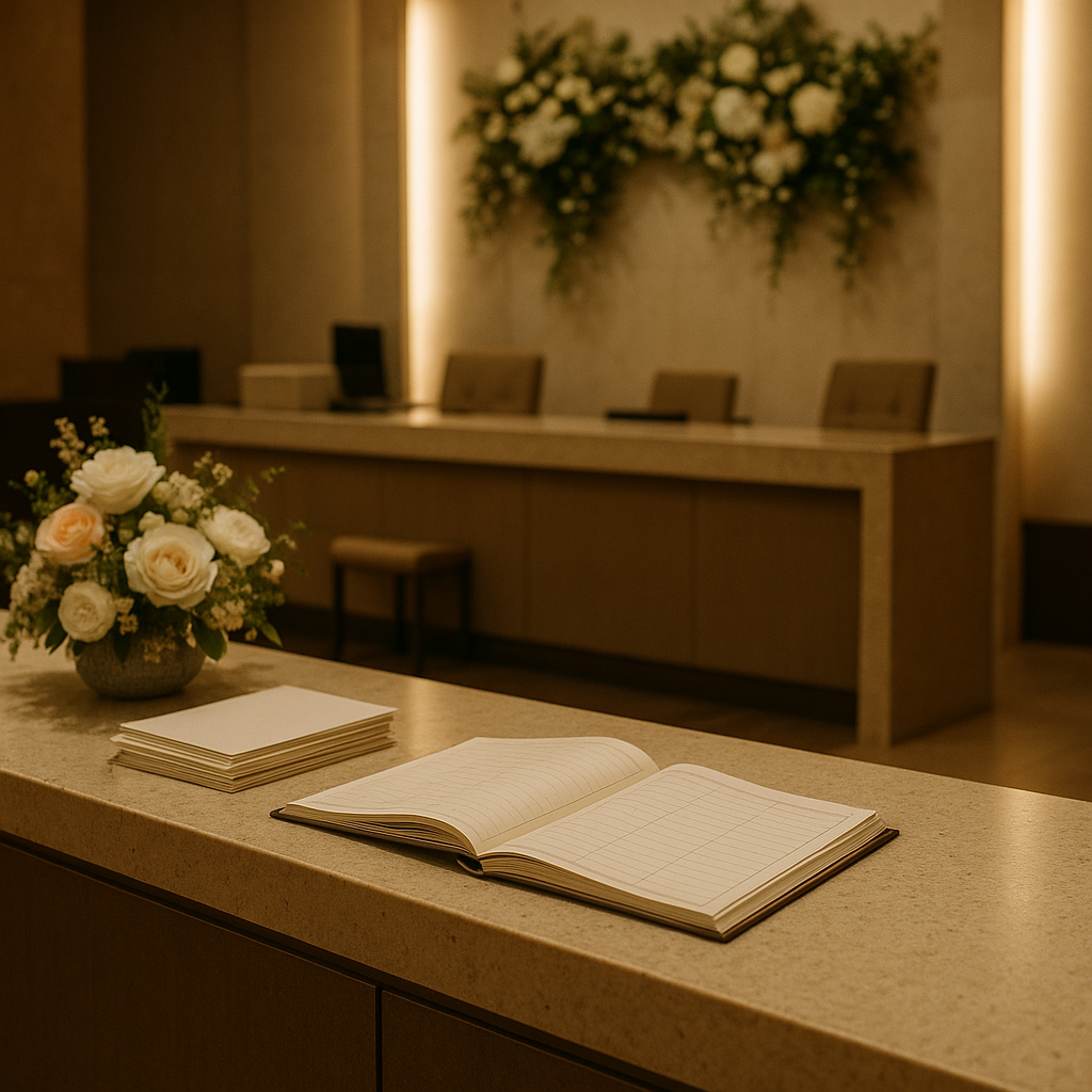 A wedding reception desk with a ledger book and a stack of white envelopes