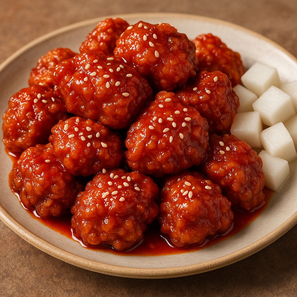 Crispy Korean yangnyeom fried chicken coated in spicy red glaze