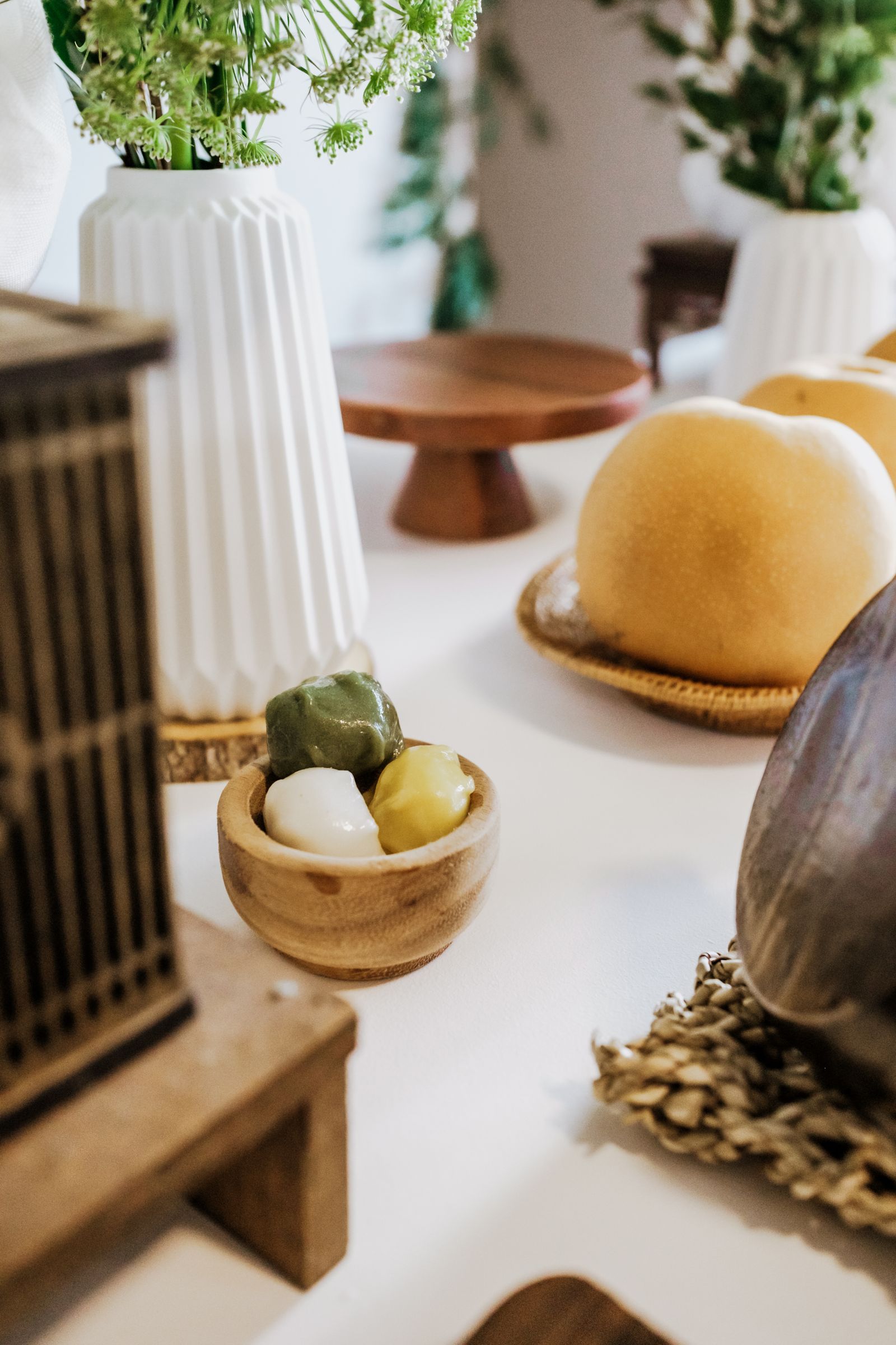 Close-up of traditional Korean songpyeon half-moon rice cakes prepared for Chuseok