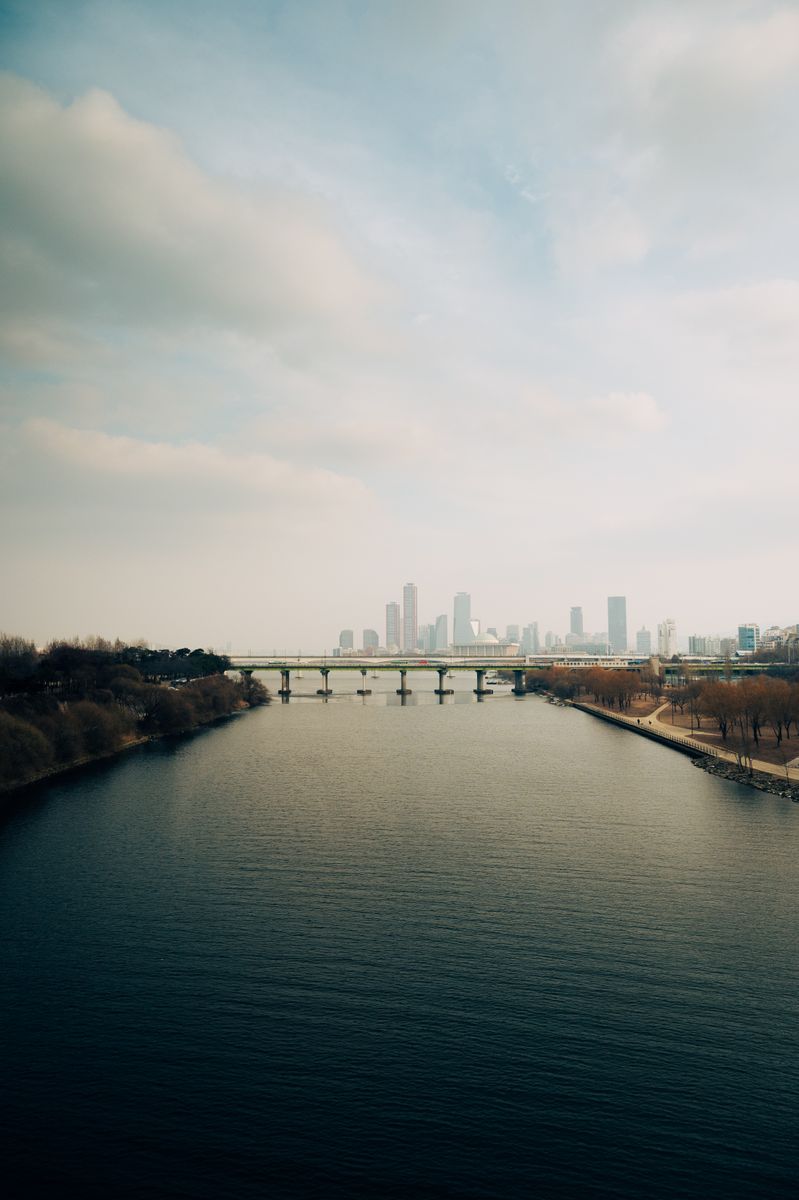 Han River in Seoul with the city skyline in the distance