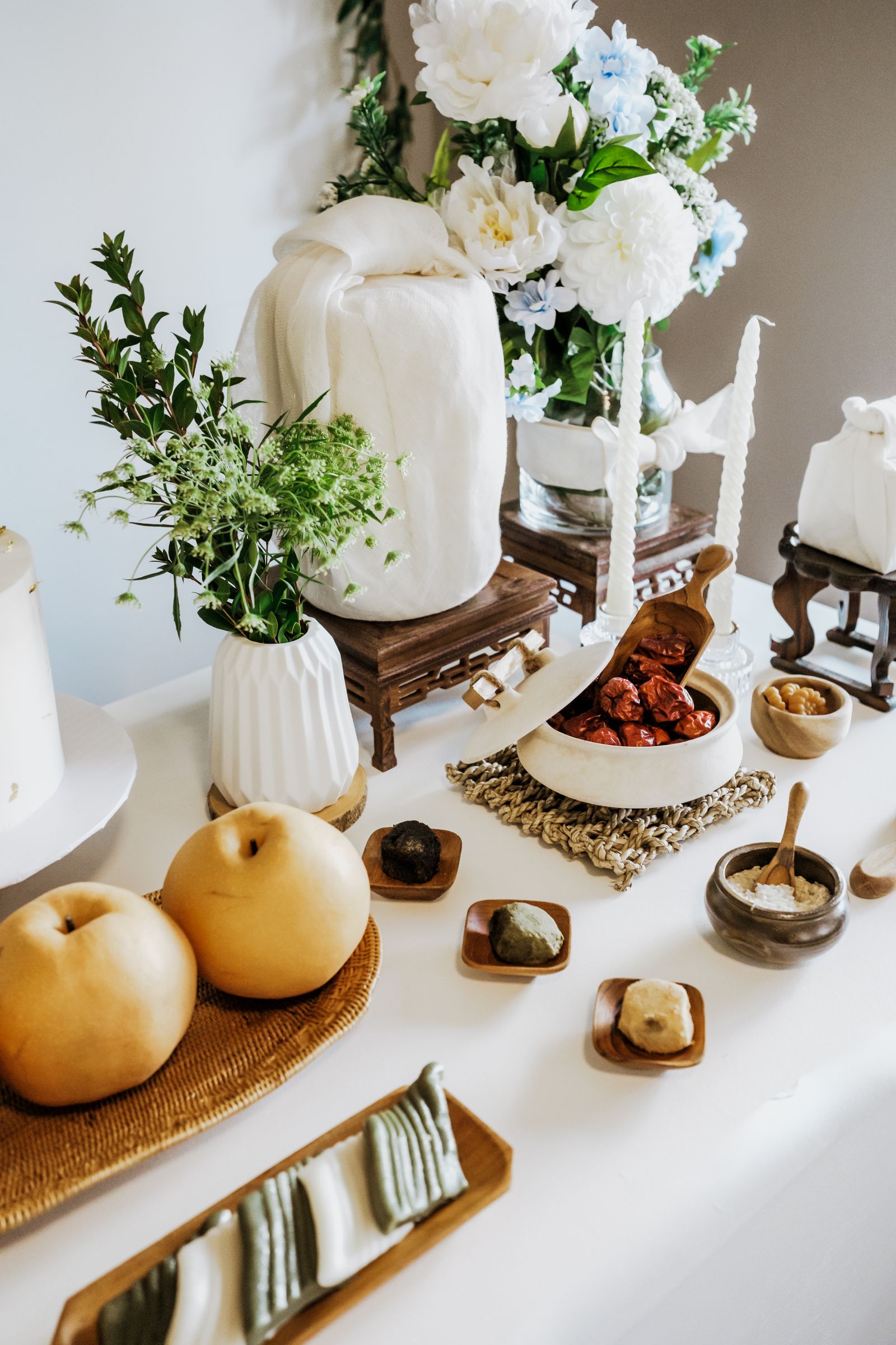 Table set up for a Korean doljabi ceremony with symbolic objects
