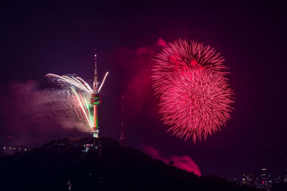 Fireworks over Namsan Tower in Seoul marking New Year, the day everyone traditionally gained a year of Korean age
