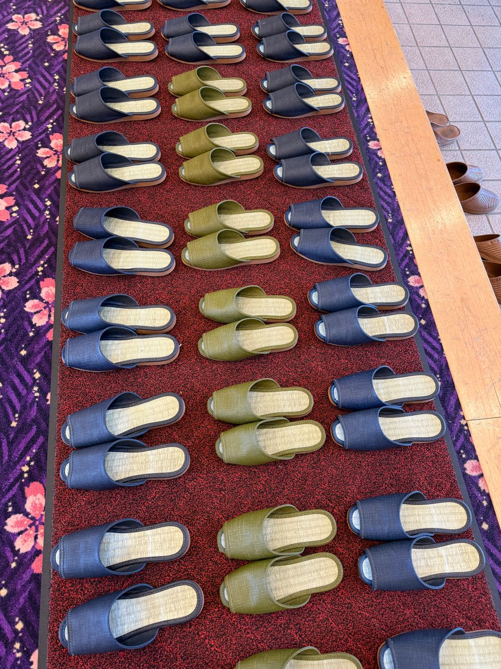 Rows of indoor slippers lined up neatly on a carpet near an entrance for guests